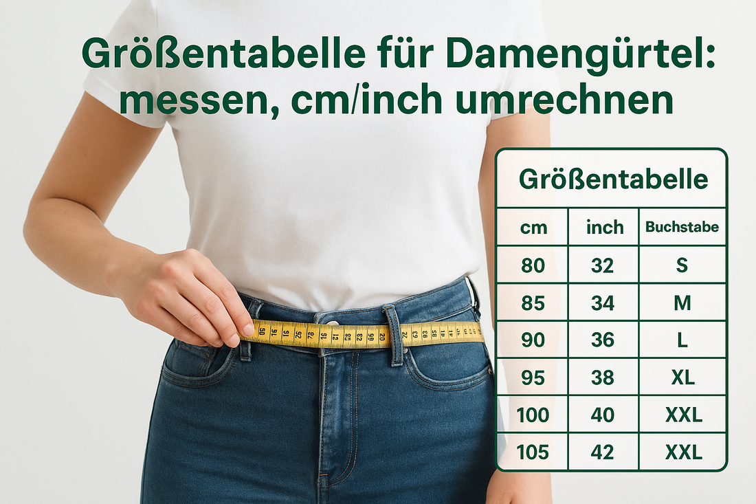 Größentabelle für Damengürtel: messen, cm/inch umrechnen